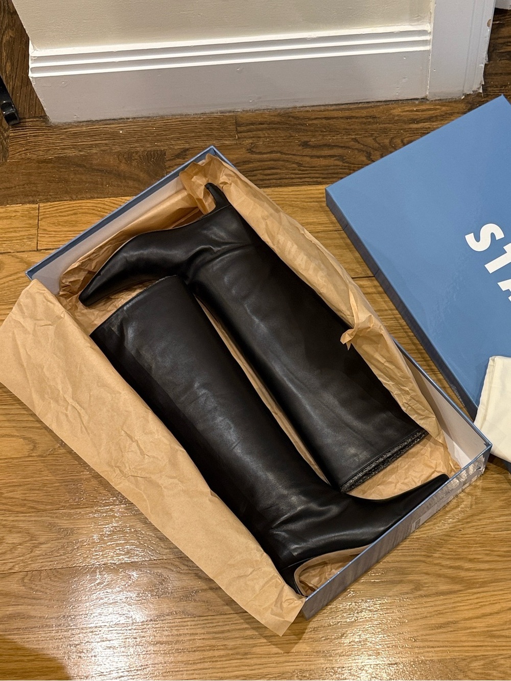 STAUD Wally Black Leather Knee Boots with Pointed Toe - Picture 3 of 3